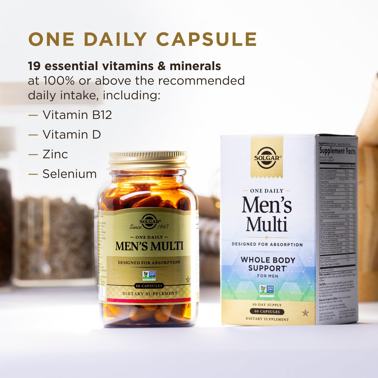 Solgar One Daily Men's Multivitamin Whole Body Support Supplement, Highly Absorbable Delayed Release One Daily Multi Vitamin Capsules for Men - Immune Heart Energy Stress & Muscle Health, 60 Servings