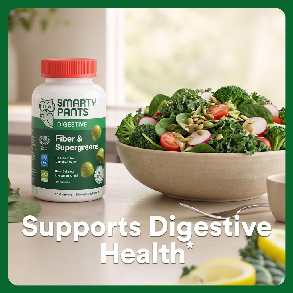 SmartyPants Fiber & Super Greens Gummies, Broccoli, Spinach, & Kale Blend to Support Gut Health, Prebiotic Fiber Gummies for Adults, Gluten Free, White Grape & Apple Flavor, 90 Count (30 Day Supply)