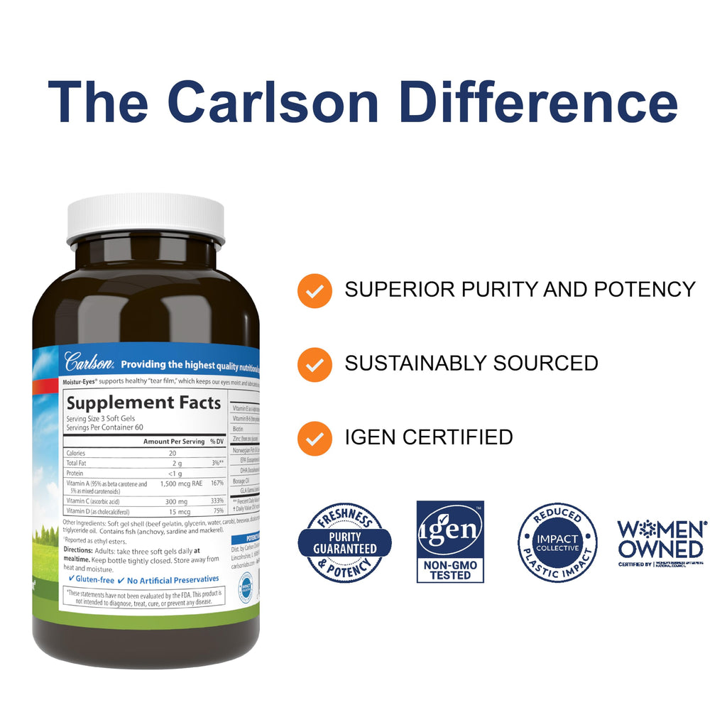 Carlson Moistur-Eyes, Specialty Eye Formula, with Omega-3s, 180 Softgels