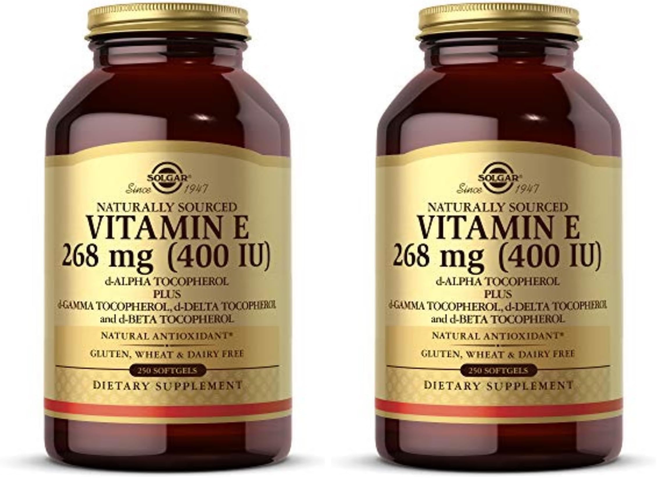 Solgar Vitamin E 268 mg (400 IU), 250 Mixed Softgels - Natural Antioxidant, Skin & Immune System Support - Naturally-Sourced Vitamin E - Gluten Free, Dairy Free - 250 Servings, (Pack of 2)
