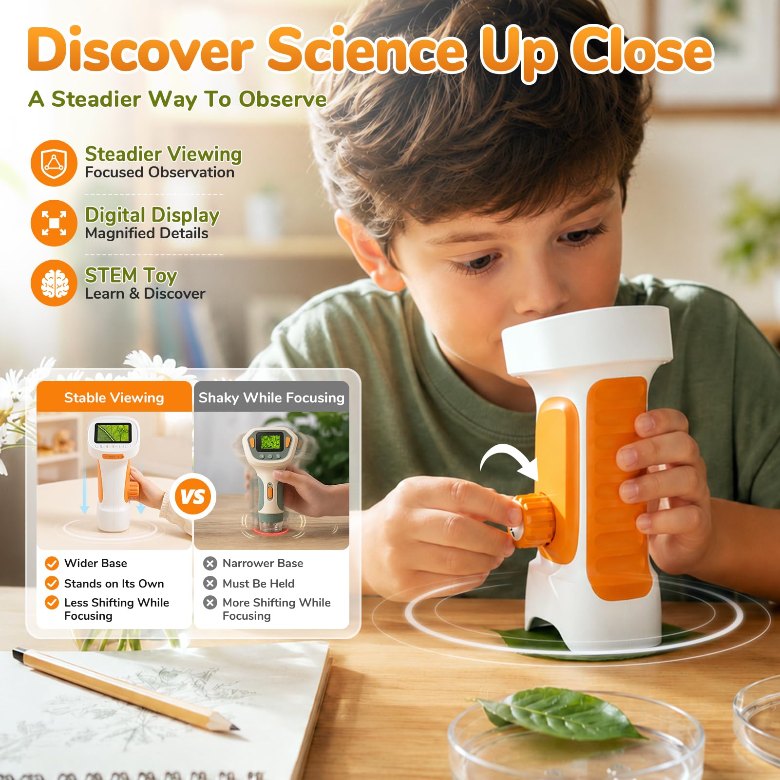 1000X Handheld Digital Microscope for Kids with 2.4" IPS Screen (Orange)