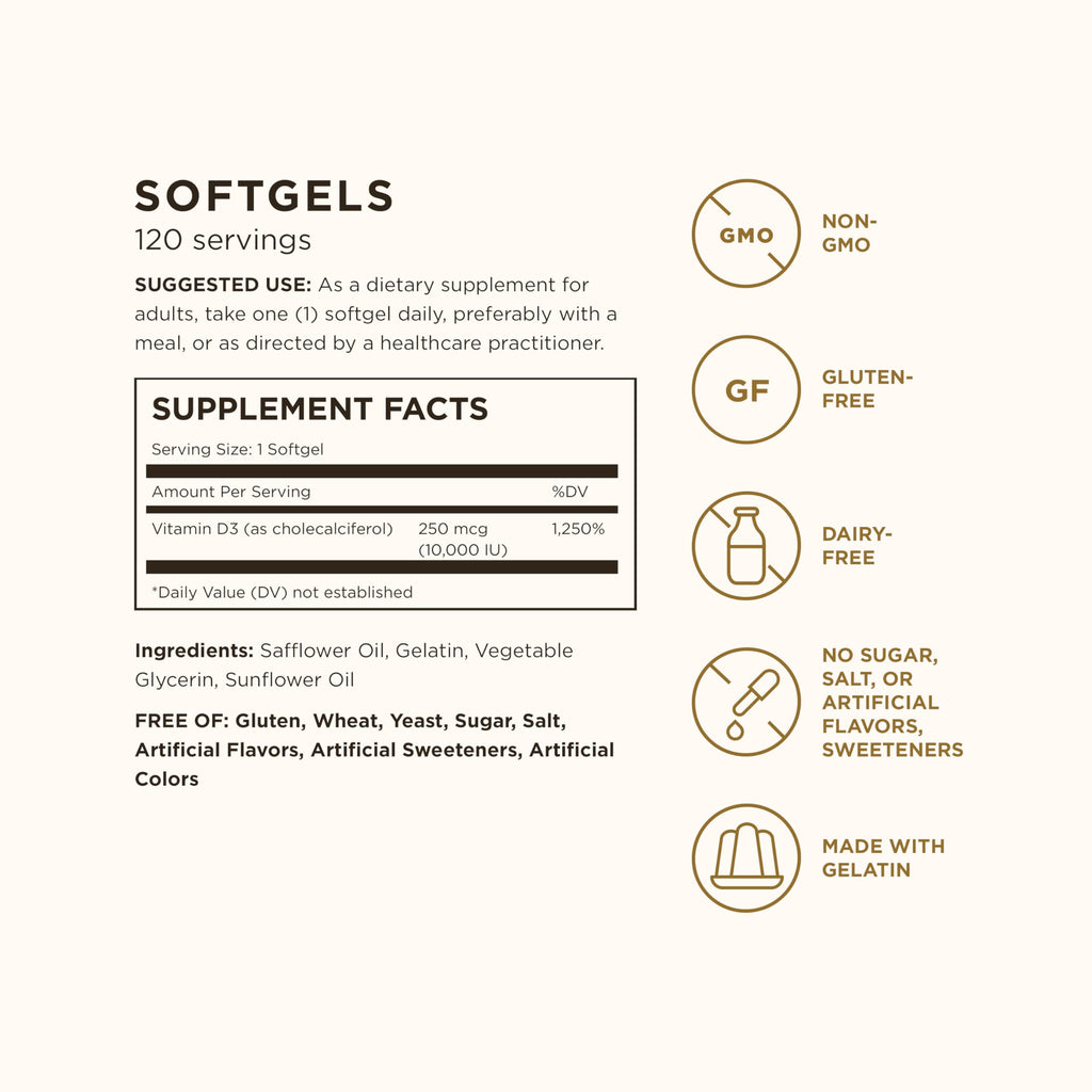Solgar Vitamin D3 (Cholecalciferol) 250 MCG (10,000 IU), 120 Softgels - Helps Maintain Healthy Bones & Teeth - Immune System Support - Non GMO, Gluten/ Dairy Free - 120 Servings