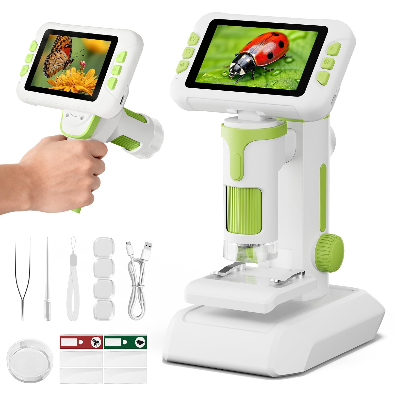 HEWEIMEI 1600X Microscope for Kids, 1080P 4.0" Digital Screen Kids Microscopes with Slides Kit, Educational Science Toys for Christmas Birthday Gifts for 3-14 Year Old Children Students
