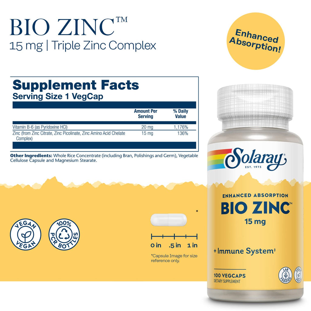 Solaray Bio Zinc 15 mg, Immune Health Support, 100 Capsules