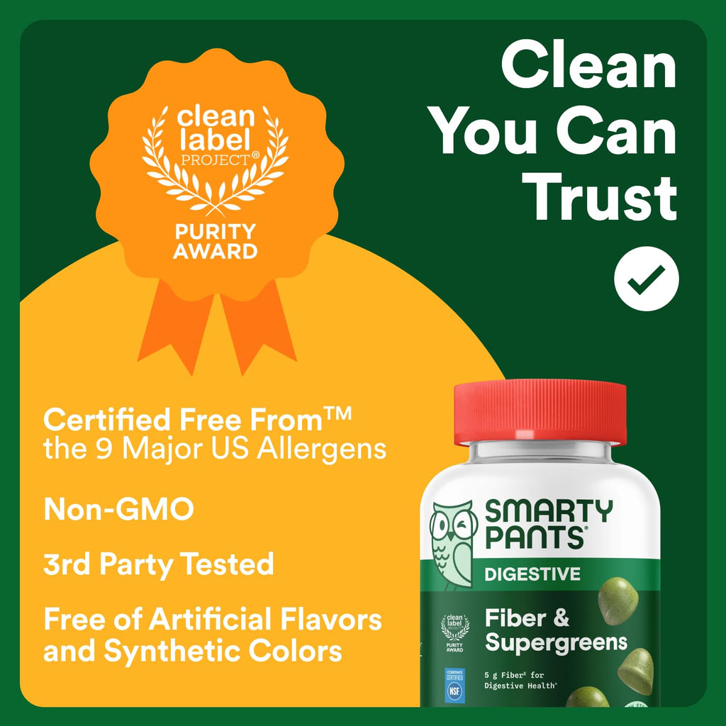 SmartyPants Fiber & Super Greens Gummies, Broccoli, Spinach, & Kale Blend to Support Gut Health, Prebiotic Fiber Gummies for Adults, Gluten Free, White Grape & Apple Flavor, 90 Count (30 Day Supply)