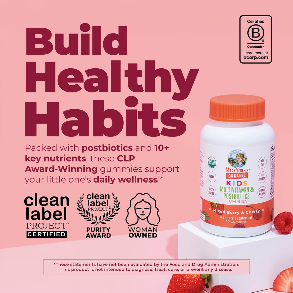 MARYRUTH'S USDA Organic Kids Multivitamin + Postbiotics Gummies, 60 Count