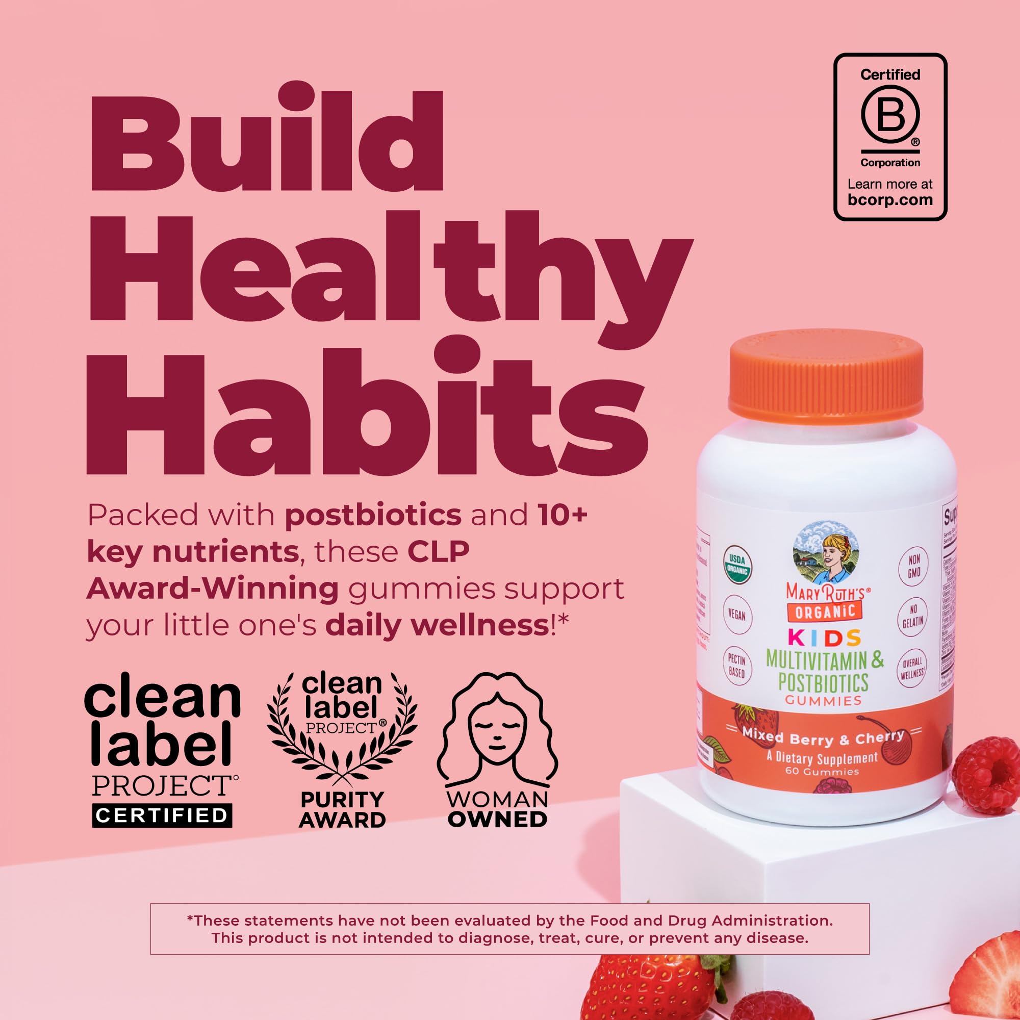 MARYRUTH'S USDA Organic Kids Multivitamin + Postbiotics Gummies, 60 Count