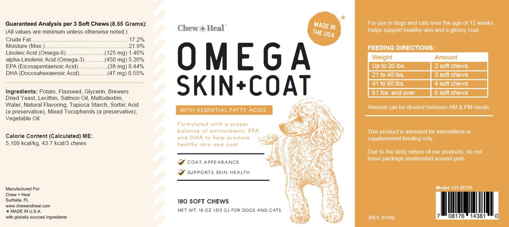Omega 3 Fish Oil for Dogs, Chicken Flavor - 180 Skin and Coat Soft Chews