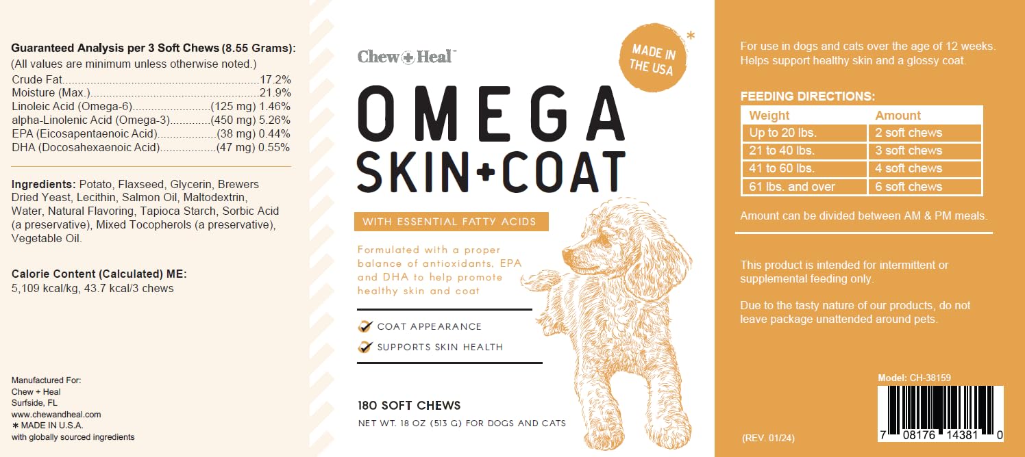 Omega 3 Fish Oil for Dogs, Chicken Flavor - 180 Skin and Coat Soft Chews