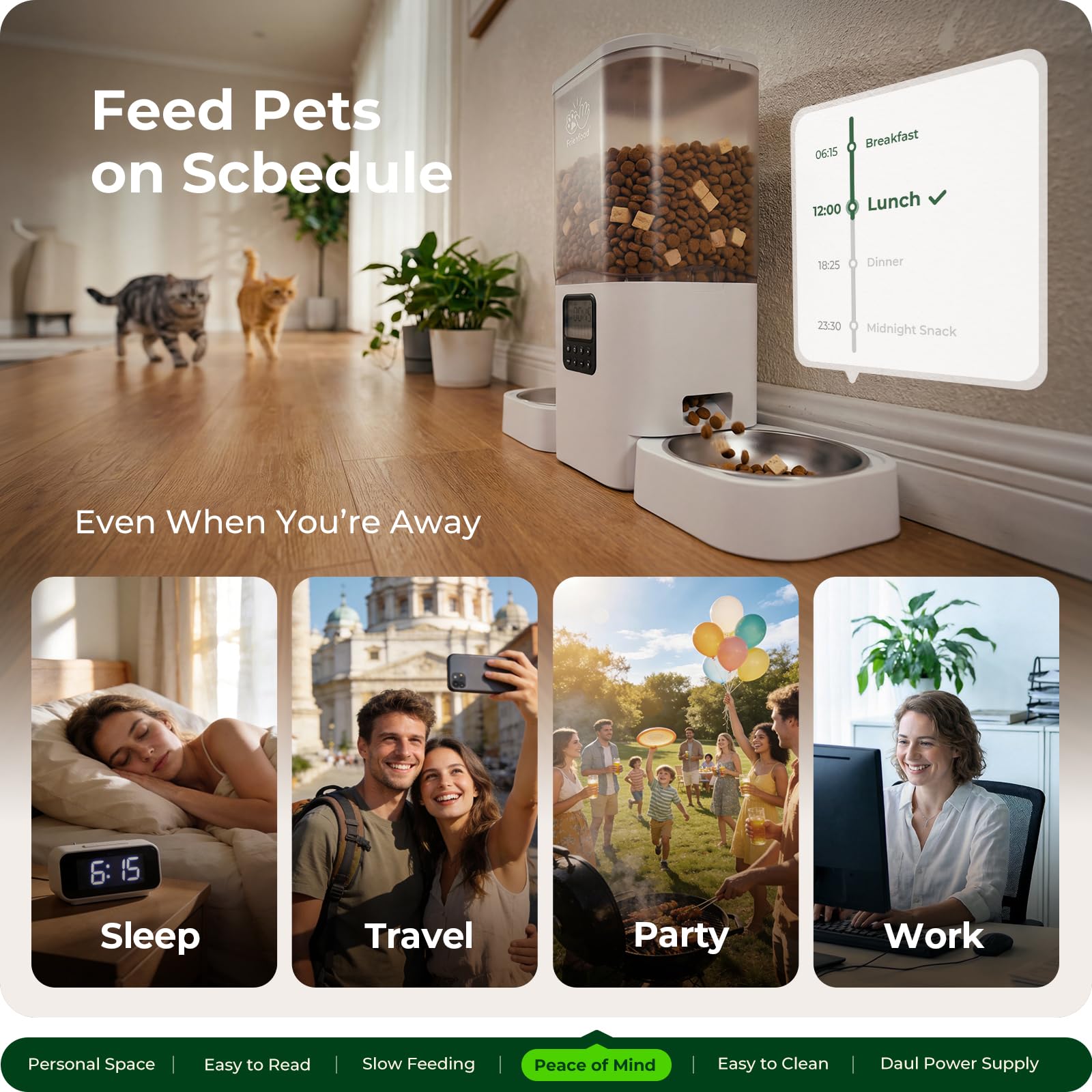 Frienhund Timed Automatic Cat Feeder 2 Cats with Slow Feed: Dual Automatic Dog Feeder with Information Visualization, Programmable Auto Cat Food Dispenser for Multiple Pets,Detachable for Clean-29 Cup
