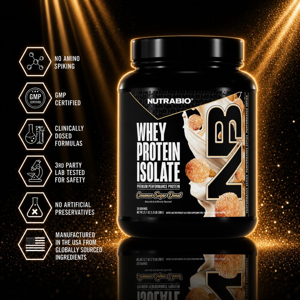 NutraBio 100% Whey Protein Isolate Protein Powder, 25g Protein with Complete Amino Acid Profile, Non-GMO, Soy & Gluten Free, Low Carb, Low Calorie Whey Protein Powder, Cinnamon Sugar Donut,20 servings