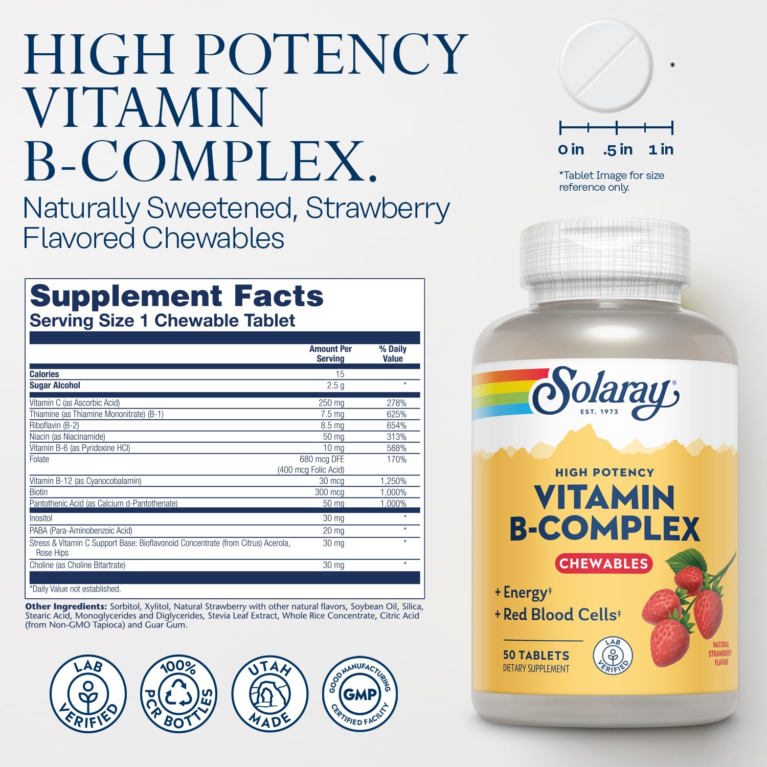 SOLARAY Vitamin B-Complex Chewables, Strawberry, Healthy Energy, Red Blood Cell, Stress & Metabolism Support, 50 Tablets