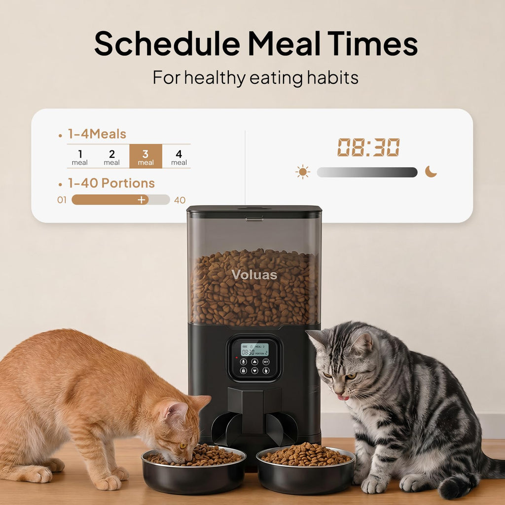 VOLUAS Automatic Cat Feeder for Two Cats with Dual Stainless Bowls, 6L