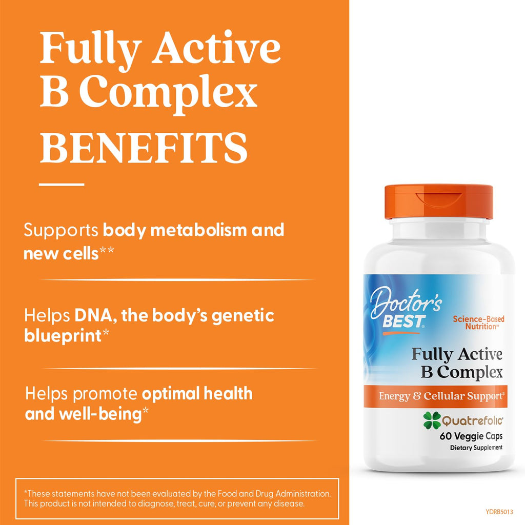 Doctor's Best Fully Active Vitamin B Complex Supplement for Men & Women - Super Complex with Methylated B12 & Folate, B6, Biotin, Pantothenic Acid, & More, Energy Support Caps - 60 Veggie Capsules