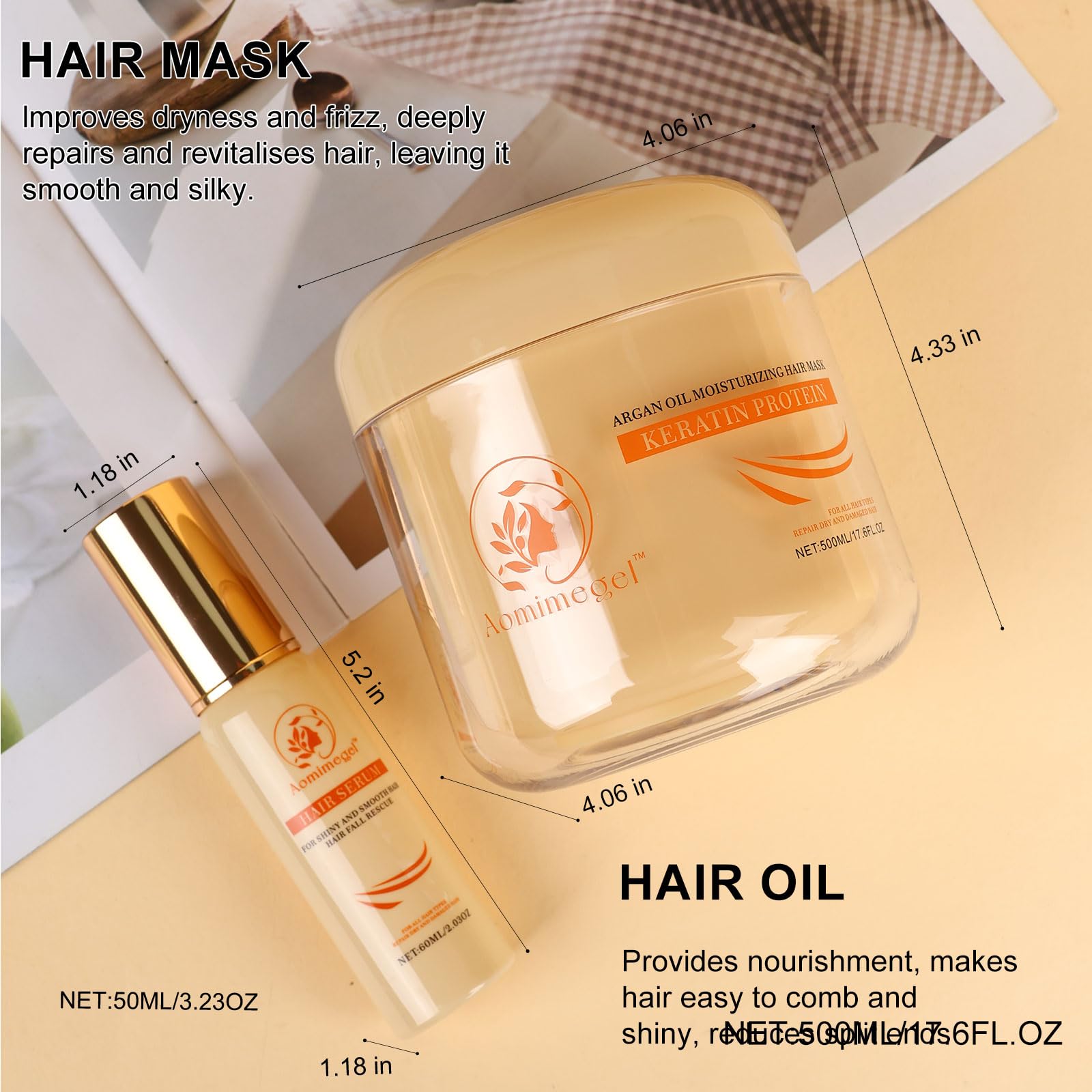 Aomimegel Collagen Repair Hair Mask & Argan Oil Set, 16.9 fl oz + 2 fl oz