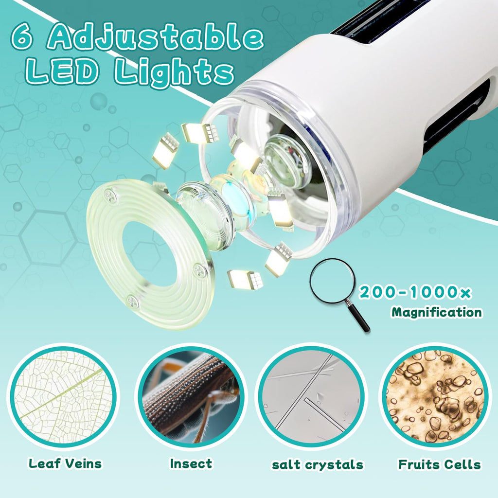 GEMUFO Microscope for Kids with 12 Slides, 200X-1000X,2.4" Screen Digital Handheld Kids Microscope Kit, Portable Pocket Removable Miniscope Science Toys Gifts for for 3 4 5 6 7 8 9 10 11 12 Year Old