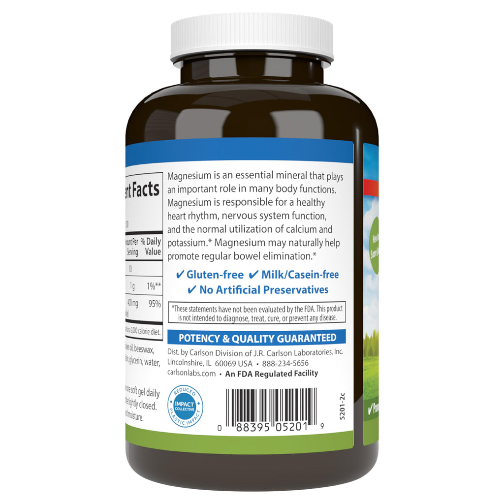 Carlson Magnesium Gels, 400 mg, Muscle Support, 100 Softgels
