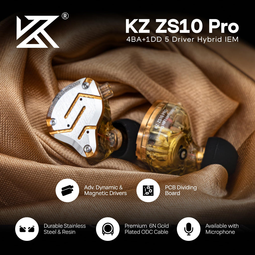 Linsoul KZ ZS10 Pro, 4BA+1DD 5 Driver in Ear Monitor, HiFi Wired Earbuds, Gaming Earbuds, Hybrid IEM Earphones with Stainless Steel Faceplate, Detachable Cable for Musician(Without Mic, Glare Yellow)