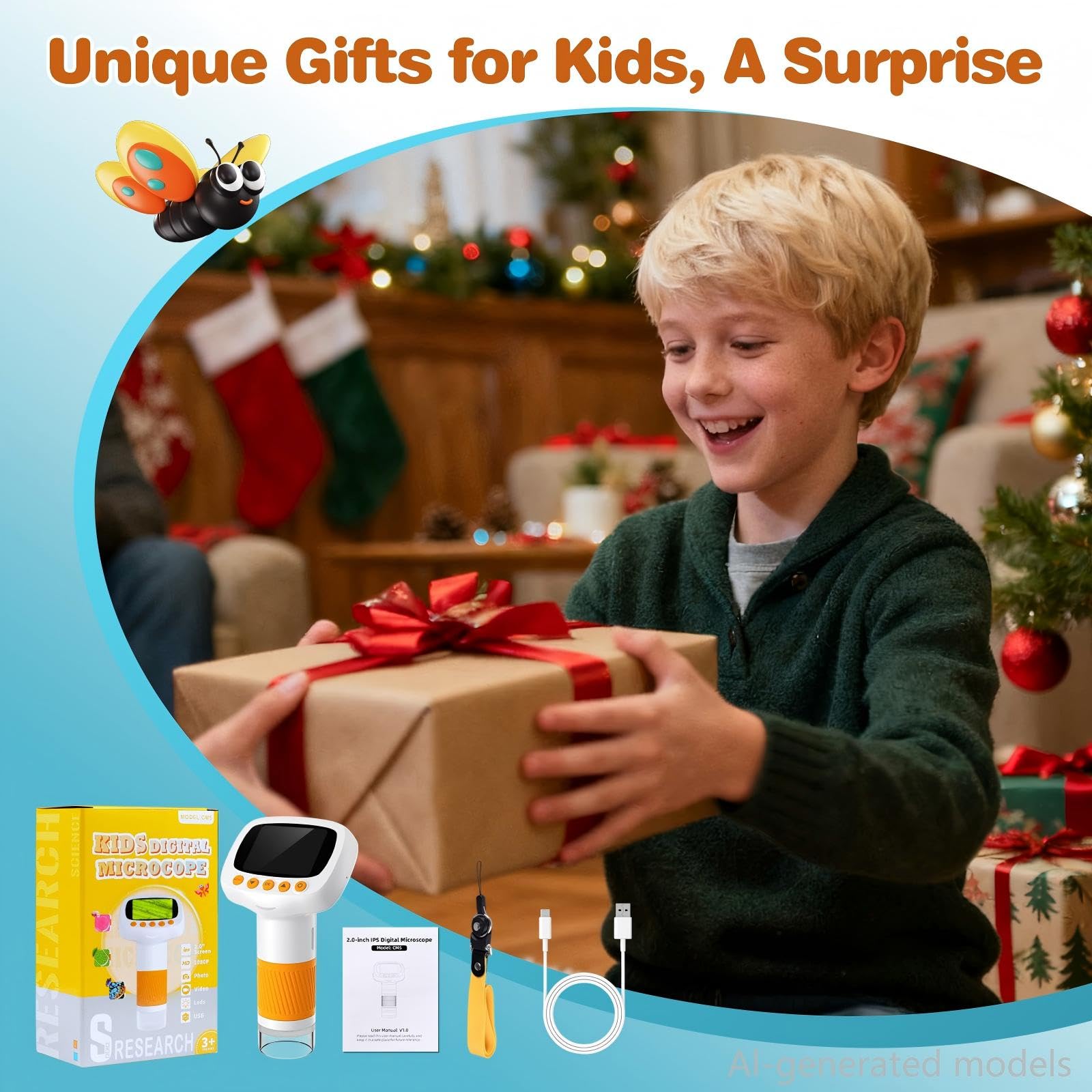 Pocket Kids Microscope for Over 3 Years Old, 1000X Handheld Microscope for Kids w/2''IPS Digital, Photo Video Mini Portable Microscopes, Science Edu Digiscope,Christmas Birthday Gifts for Kids