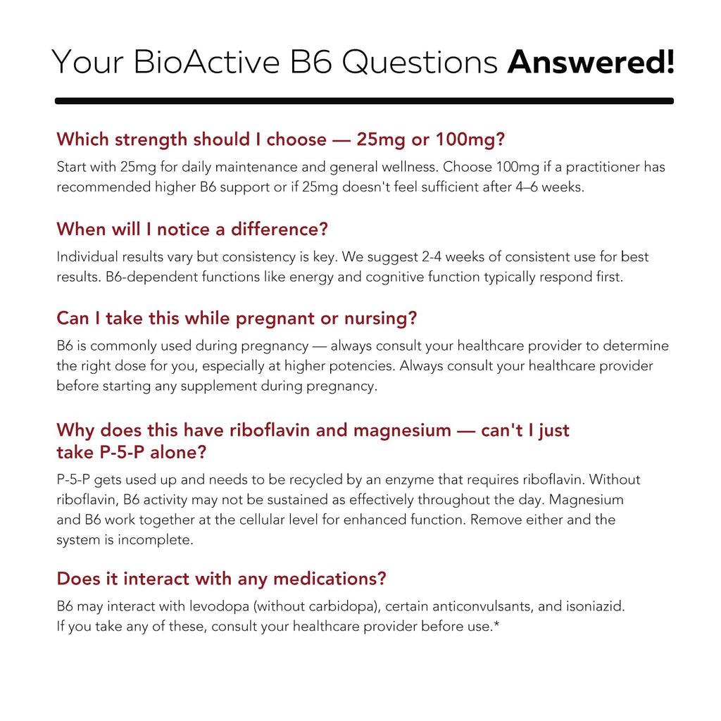 BioActive Vitamin B6 100mg Capsules - Active P-5-P Form for Mood, Energy & Cycle Support - Enhanced Absorption with Riboflavin & Magnesium - Clinical Strength, Non-GMO (60 Capsules - 2 month supply)