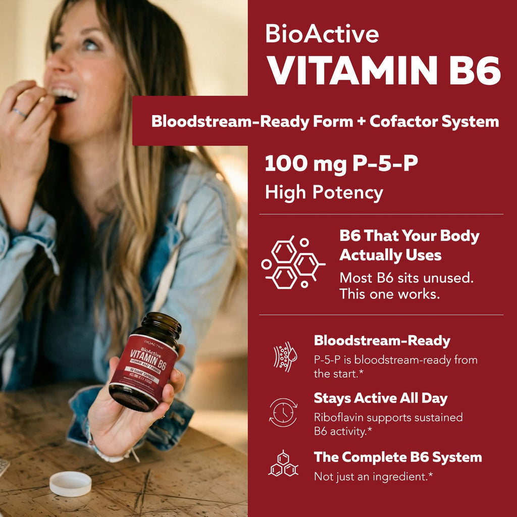BioActive Vitamin B6 100mg Capsules - Active P-5-P Form for Mood, Energy & Cycle Support - Enhanced Absorption with Riboflavin & Magnesium - Clinical Strength, Non-GMO (60 Capsules - 2 month supply)