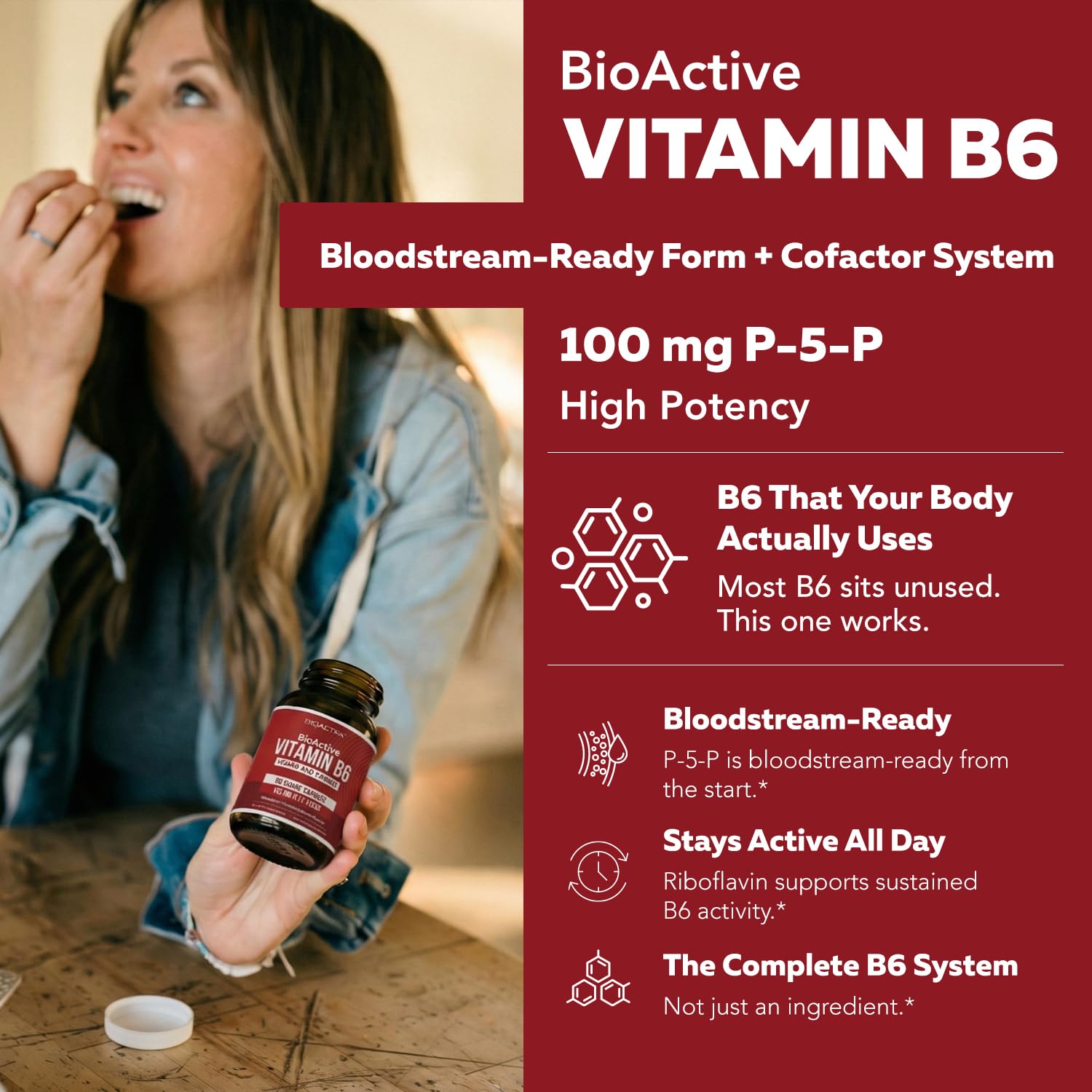 BioActive Vitamin B6 100mg Capsules - Active P-5-P Form for Mood, Energy & Cycle Support - Enhanced Absorption with Riboflavin & Magnesium - Clinical Strength, Non-GMO (60 Capsules - 2 month supply)