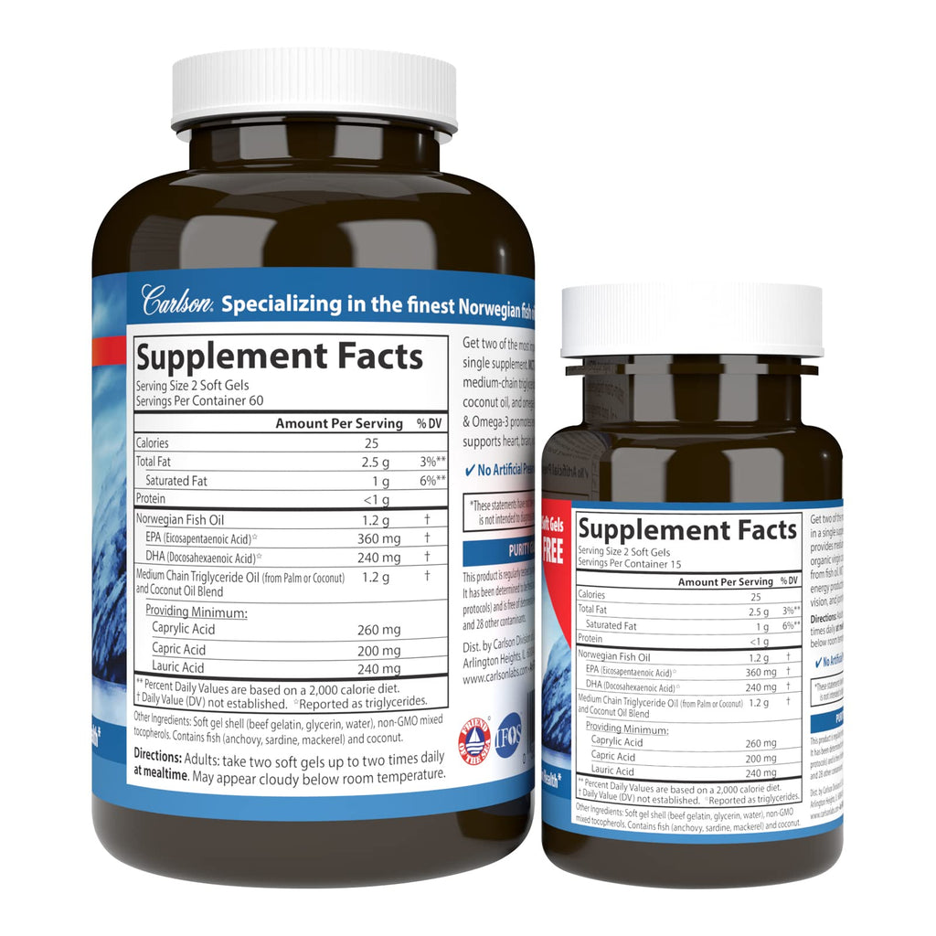 Carlson MCT & Omega-3, Keto-Friendly, Coconut Oil, 120 + 30 Softgels