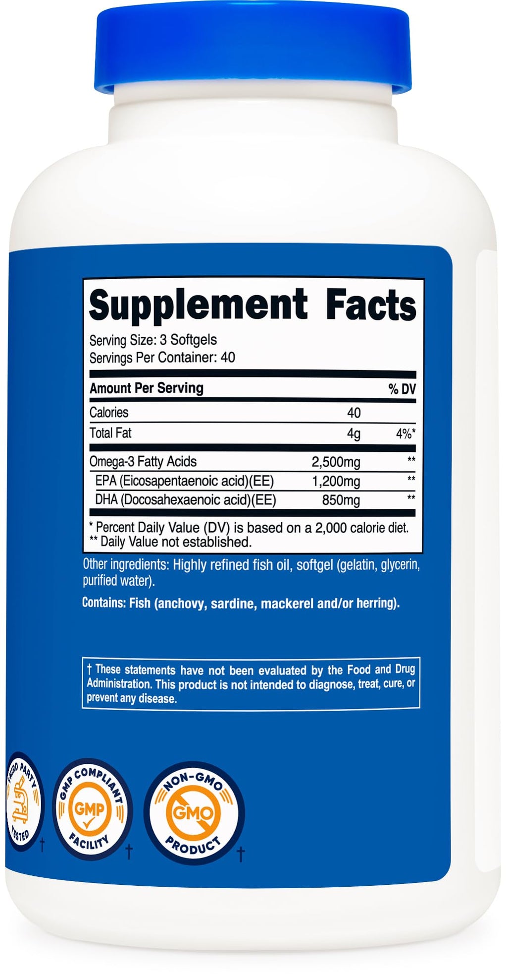 Nutricost Omega 3 Fish Oil - 2500MG, 120 Softgels (40 Serv) - Fish Oil, Wild Caught! 1200mg EPA 850mg DHA - Non-GMO, Gluten Free