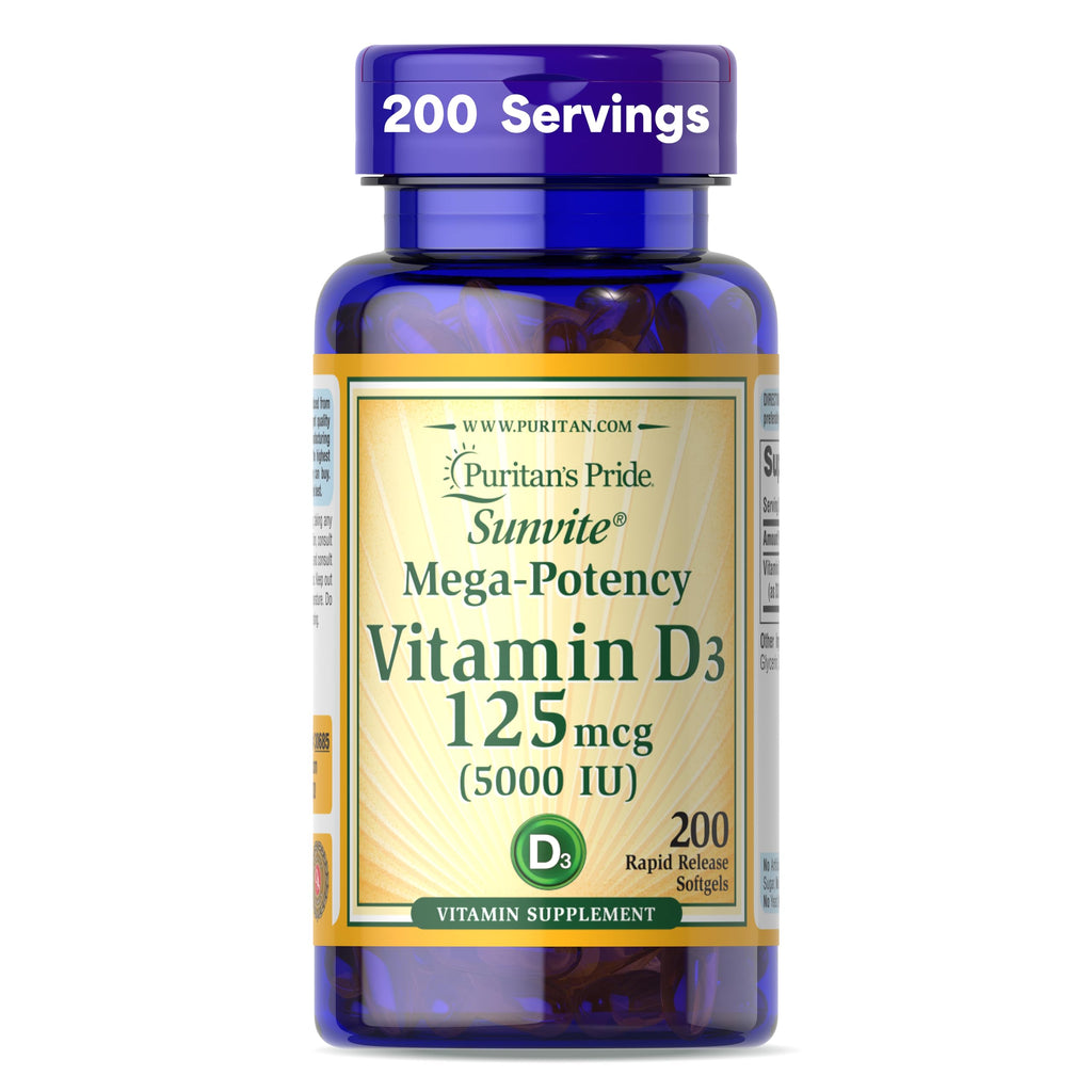 Puritan's Pride Premium Sunvite™ Mega-Potency Vitamin D3 5,000 IU, Dietary Supplement for Healthy Bones, Teeth, and Immune System Support, 200 Rapid Release Softgels (Packaging May Vary)