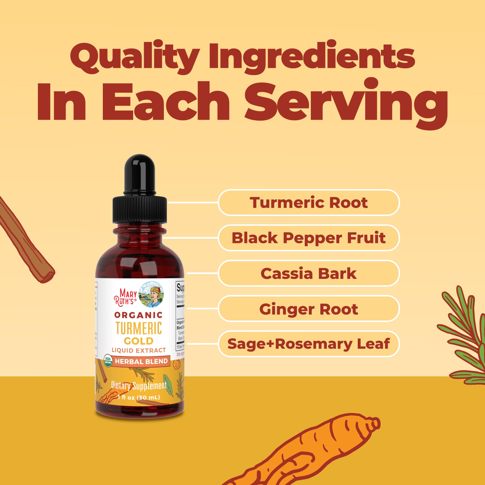 MARYRUTH'S USDA Organic Turmeric Gold Herbal Liquid Drops, Unflavored, 1 oz