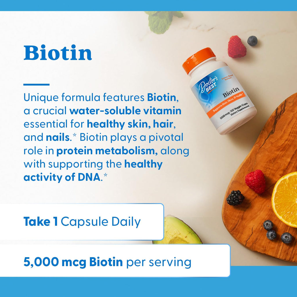 Doctor's Best Biotin Vitamin Supplement 5000 mcg for Men & Women - Biotin Capsules for Hair Growth Support, Skin, & Nails, Non GMO, Gluten Free, Soy Free, Vegan - 120 Veg Caps