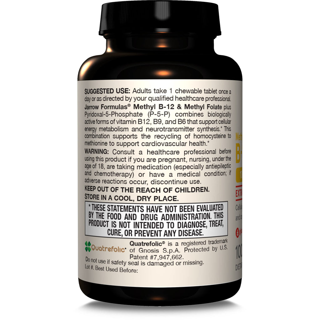 Jarrow Formulas Methyl B-12 & Methyl Folate, Bioactive Vitamin B9 & Vitamin B12 Supplement, Supports Cellular Energy Production, Healthy Brain Function & Metabolism, 100 Chewable Tablets, 100 Servings