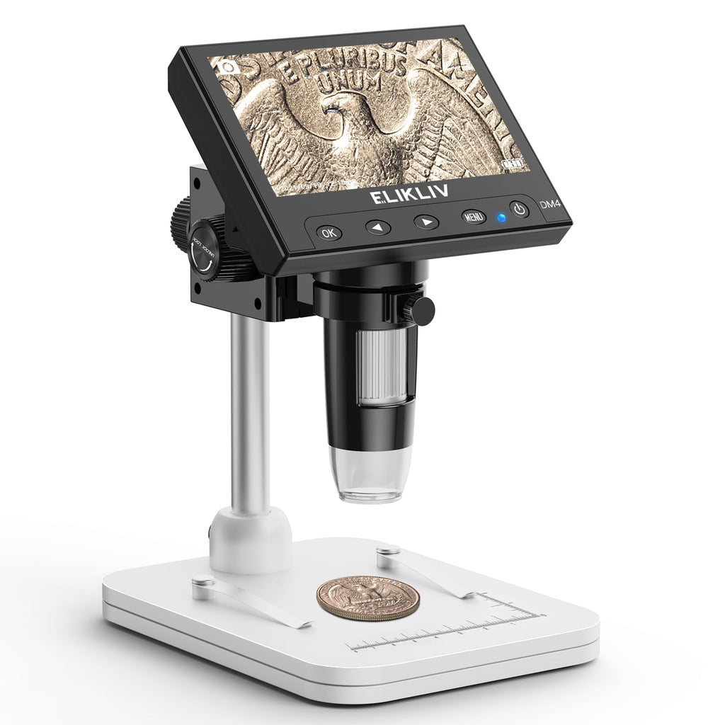 Elikliv Microscope, LCD Digital Coin Microscope 1000x, Coin Magnifier with 8 Adjustable LED Lights, PC View Compatible with Windows/MacBook, EDM4, 4.3-Inch