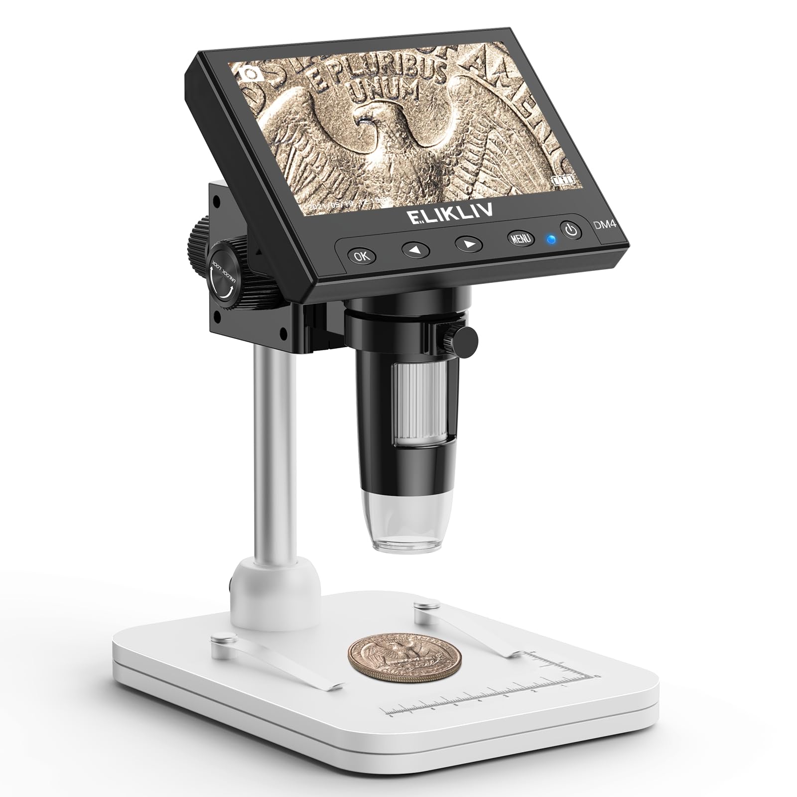Elikliv Microscope, LCD Digital Coin Microscope 1000x, Coin Magnifier with 8 Adjustable LED Lights, PC View Compatible with Windows/MacBook, EDM4, 4.3-Inch