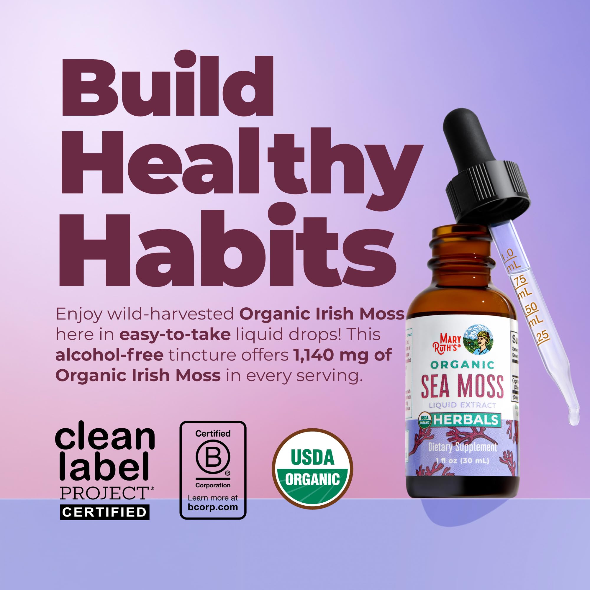 MARYRUTH'S USDA Organic Irish Sea Moss Liquid Drops, Unflavored, 1 oz