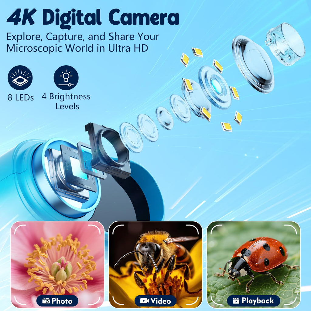 Odatay 4K 1000X Digital Microscope for Kids with 32G Card, Long Distance Viewing & 2.4" Screen Portable Handheld Edu Toys for Age 3-12 Exploring Bugs Plants at Home Classroom & Outdoor Travel, Blue