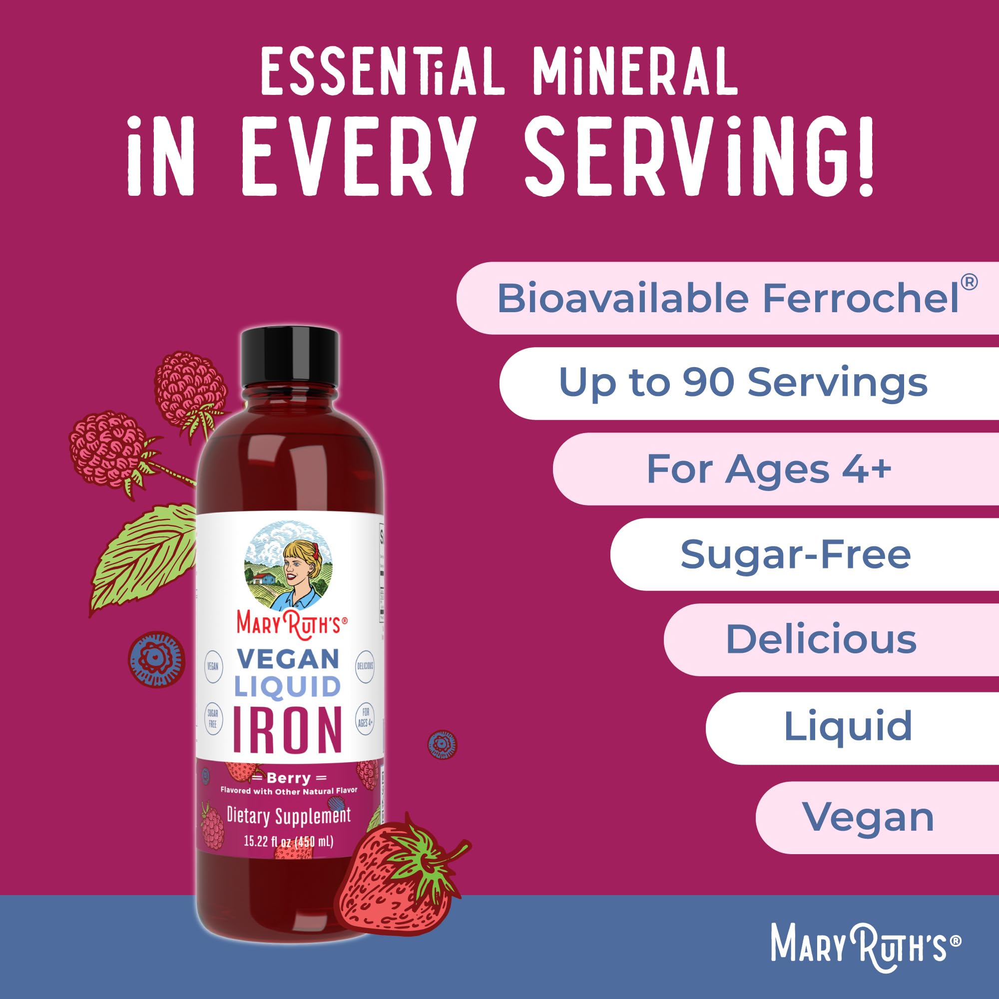 MaryRuth's MaryRuth's Liquid Morning Multivitamin +Hair Growth (Peach Mango, 15.22oz) & Iron Liquid (Berry) | Clean Label Project Verified® | Beauty, Immunity, & Overall Health | Vegan, Non-GMO