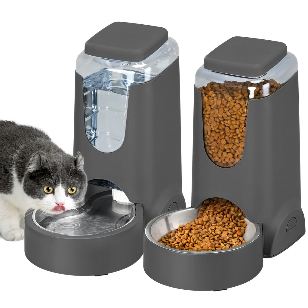2 Pack Automatic Cat Feeder and Gravity Stainless Steel Water Dispenser, Dog Food Feeder and Waterer Set for Small Medium Puppy Kitten Pets (1 Gallon x 2, Gray)