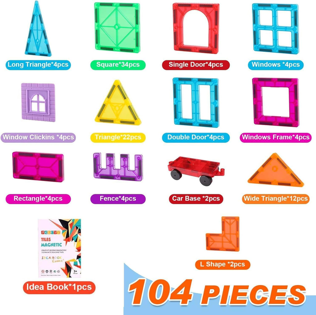 OugerToy 104PCS Magnetic Tiles STEM Building Blocks for Kids Ages 3-9