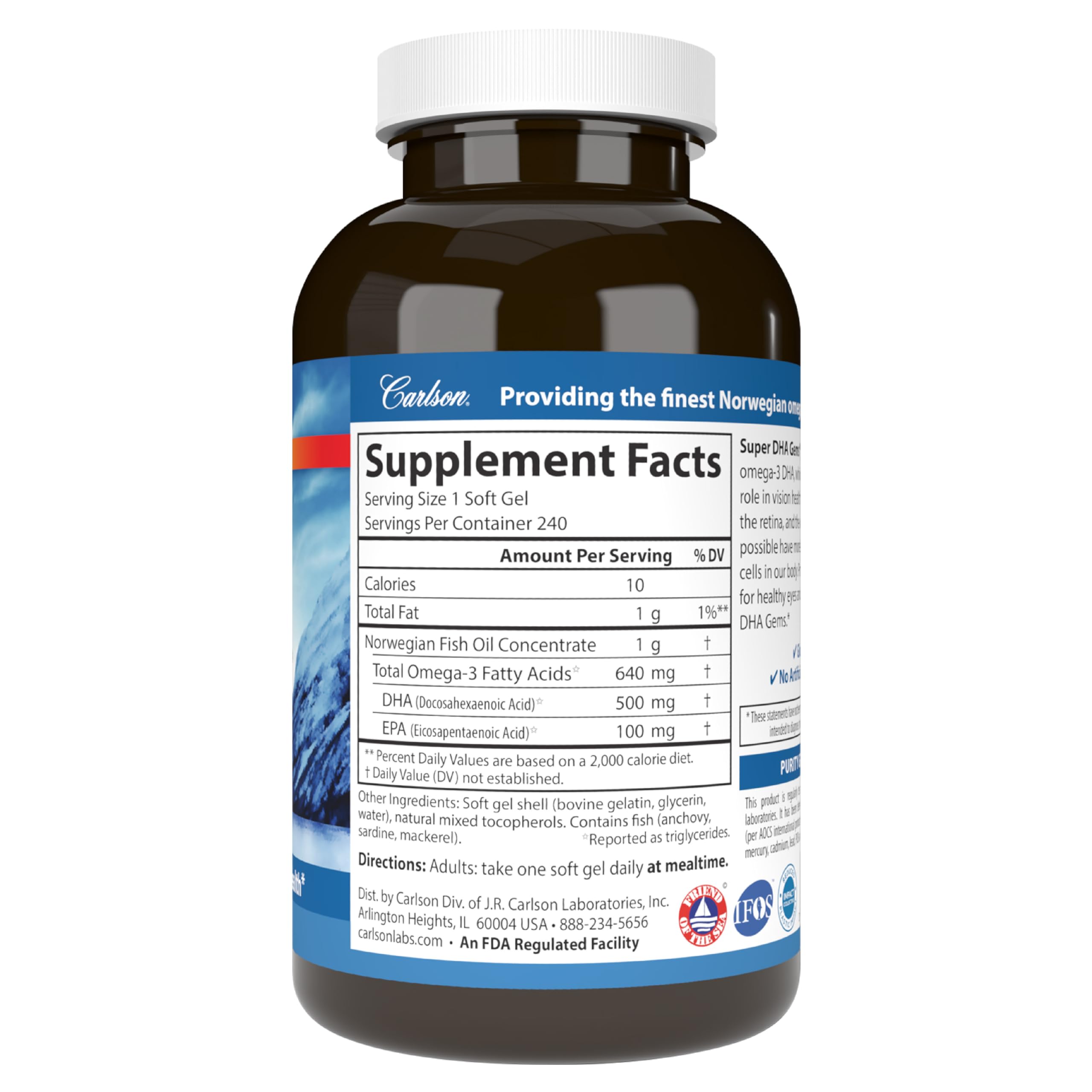 Carlson Super DHA Gems, 500 mg, DHA Supplements, 240 Softgels