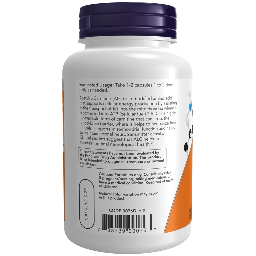 NOW Supplements, Acetyl-L Carnitine 500 mg, Amino Acid, Brain And Nerve Cell Function*, 100 Veg Capsules