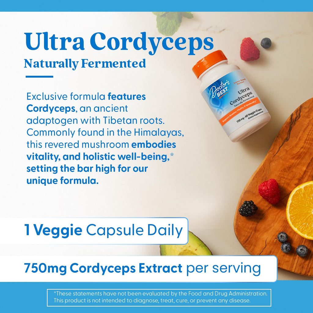 Doctor's Best Ultra Cordyceps Supplement - Cordyceps Mushroom Capsules for Men & Women, Supports Immune Health, Energy & Stamina, 750 mg Per Serving, Vegan - 60 Veg Caps