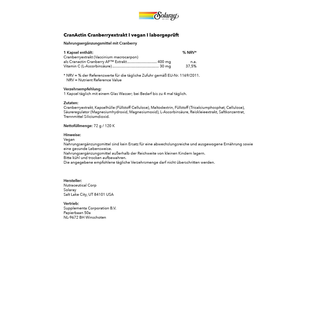 SOLARAY CranActin Cranberry Extract 400 mg, 120 VegCaps