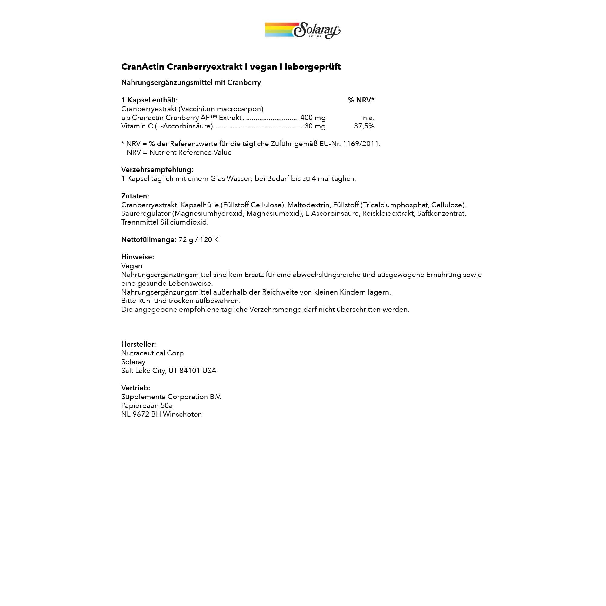 SOLARAY CranActin Cranberry Extract 400 mg, 120 VegCaps