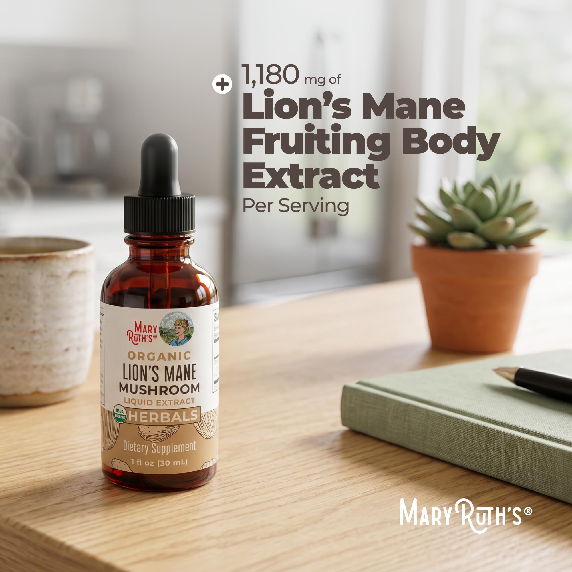MARYRUTH'S Lions Mane Mushroom Supplement Liquid Drops 1 Fl Oz, Non-GMO
