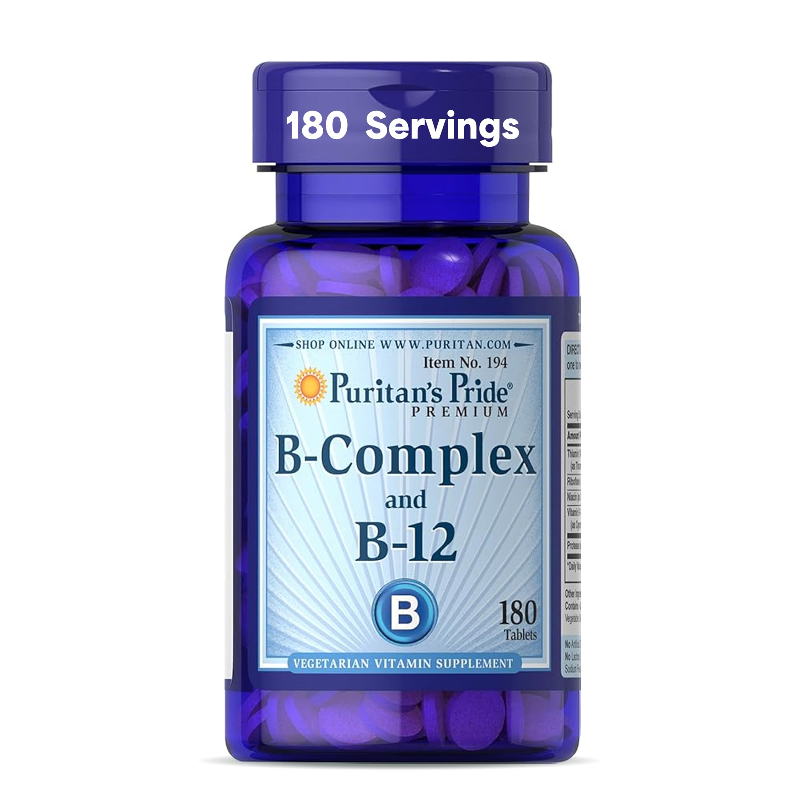 Puritan's Pride Premium Vitamin B-Complex and Vitamin B-12, Vegetarian Dietary Supplement for Cellular Energy Production, Maintains Health of Skin and Nerve Support, 180 Tablets