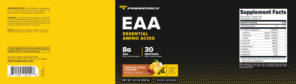 Primaforce EAA Powder (30 Servings, Tropical Punch) - Essential Amino Acids for Pre/Intra Workout and Recovery - Non-GMO and Gluten Free