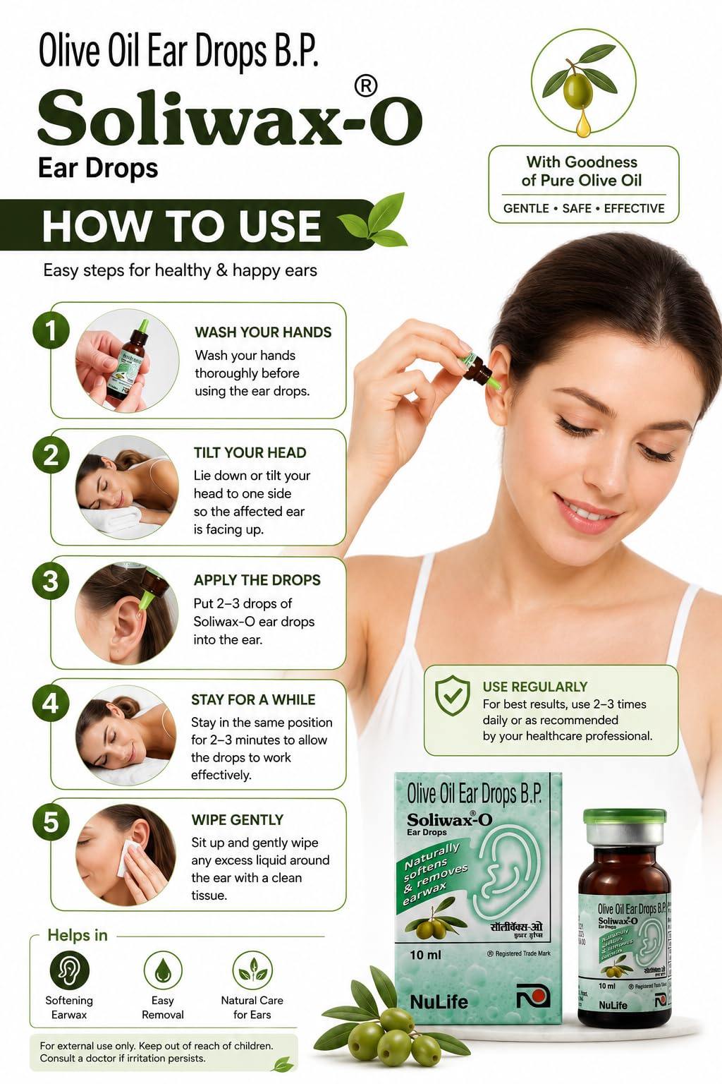 Soliwax Olive Oil Ear Drops 10ml for Natural, Gentle Removal of Excessive Earwax Softener | Helps Loosen & Soften Hardened Ear Wax | Lubricating Ear Care Drops Adults & Children
