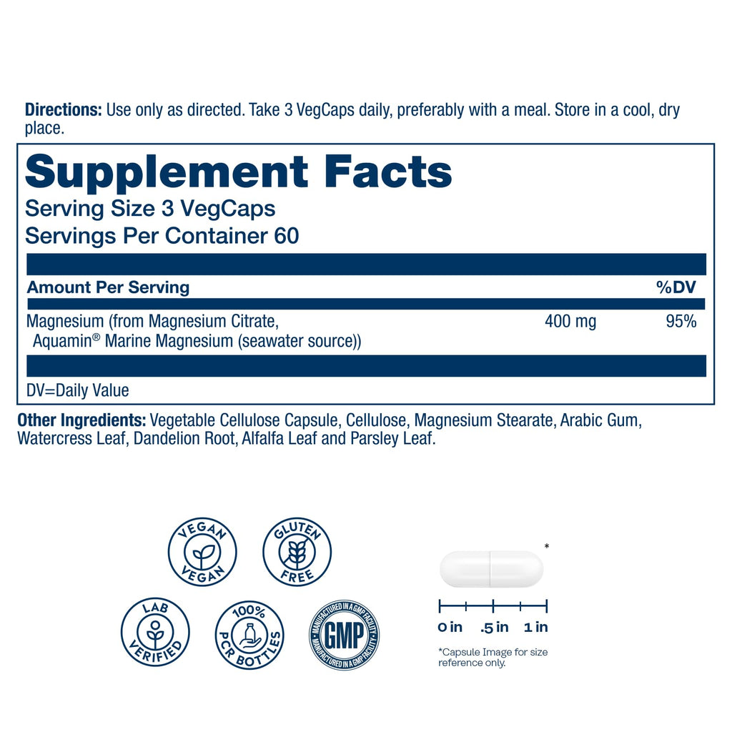 Solaray Magnesium Citrate, 400mg per Serving, 180 Vegan Capsules