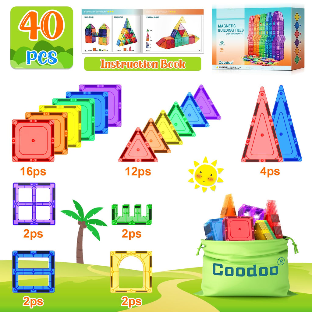 Coodoo Magnetic Tiles Kids Toys STEM Magnet Toy for Toddler Magnetic Blocks Building Preschool Learning Sensory Montessori Toys for 3+ Year Old Boys and Girls, Safe Creativity Toddler Kids Toy 40PCS
